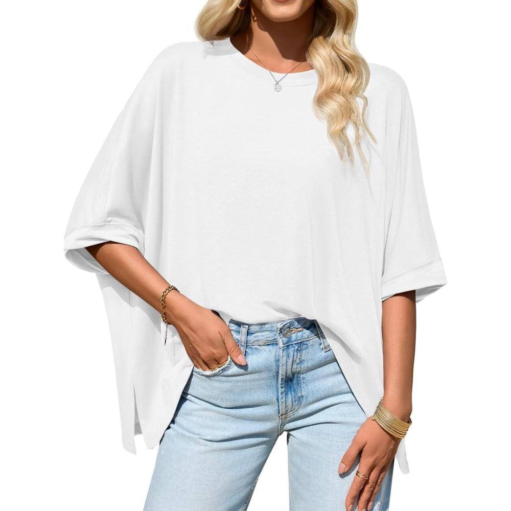 imageTankaneo Womens Oversized Tshirts Batwing Short Sleeve Asymmetric Hem Tops Summer Casual Loose Fit Tunic Tee ShirtsWhite