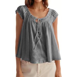 Tankaneo Women Summer Tie Front Tank Tops Cap Sleeve Pleated Babydoll Tops Casual Loose Fit Going Out Flowy Shirt(Grey)