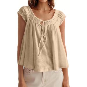 Tankaneo Women Summer Tie Front Tank Tops Cap Sleeve Pleated Babydoll Tops Casual Loose Fit Going Out Flowy Shirt(Khaki)