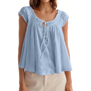 Tankaneo Women Summer Tie Front Tank Tops Cap Sleeve Pleated Babydoll Tops Casual Loose Fit Going Out Flowy Shirt(Light Blue)