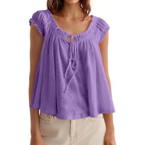 Tankaneo Women Summer Tie Front Tank Tops Cap Sleeve Pleated Babydoll Tops Casual Loose Fit Going Out Flowy Shirt(Light Purple)