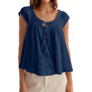 Tankaneo Women Summer Tie Front Tank Tops Cap Sleeve Pleated Babydoll Tops Casual Loose Fit Going Out Flowy Shirt(Navy)