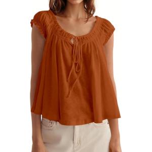 Tankaneo Women Summer Tie Front Tank Tops Cap Sleeve Pleated Babydoll Tops Casual Loose Fit Going Out Flowy Shirt(Orange Red)