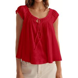 Tankaneo Women Summer Tie Front Tank Tops Cap Sleeve Pleated Babydoll Tops Casual Loose Fit Going Out Flowy Shirt(Red)
