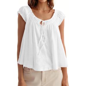 Tankaneo Women Summer Tie Front Tank Tops Cap Sleeve Pleated Babydoll Tops Casual Loose Fit Going Out Flowy Shirt(White)
