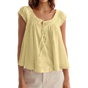 Tankaneo Women Summer Tie Front Tank Tops Cap Sleeve Pleated Babydoll Tops Casual Loose Fit Going Out Flowy Shirt(Yellow)