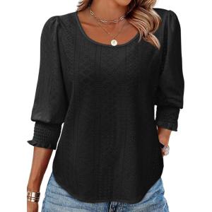 Tankaneo Womens 3/4 Length Sleeve Blouses Summer Casual Eyelet Tops Crewneck Dressy Shirts with Smocked Cuffs 2025(Black)
