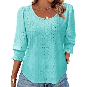 Tankaneo Womens 3/4 Length Sleeve Blouses Summer Casual Eyelet Tops Crewneck Dressy Shirts with Smocked Cuffs 2025(Blue&green)