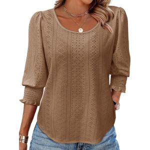 Tankaneo Womens 3/4 Length Sleeve Blouses Summer Casual Eyelet Tops Crewneck Dressy Shirts with Smocked Cuffs 2025(Brown)