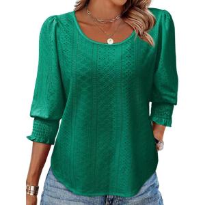 Tankaneo Womens 3/4 Length Sleeve Blouses Summer Casual Eyelet Tops Crewneck Dressy Shirts with Smocked Cuffs 2025(Dark Green)