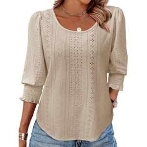 Tankaneo Womens 3/4 Length Sleeve Blouses Summer Casual Eyelet Tops Crewneck Dressy Shirts with Smocked Cuffs 2025(Khaki)