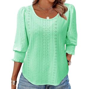 Tankaneo Womens 3/4 Length Sleeve Blouses Summer Casual Eyelet Tops Crewneck Dressy Shirts with Smocked Cuffs 2025(Mint Color)