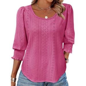 Tankaneo Womens 3/4 Length Sleeve Blouses Summer Casual Eyelet Tops Crewneck Dressy Shirts with Smocked Cuffs 2025(Rose Red)