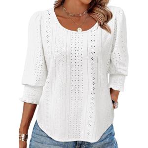 Tankaneo Womens 3/4 Length Sleeve Blouses Summer Casual Eyelet Tops Crewneck Dressy Shirts with Smocked Cuffs 2025(White)