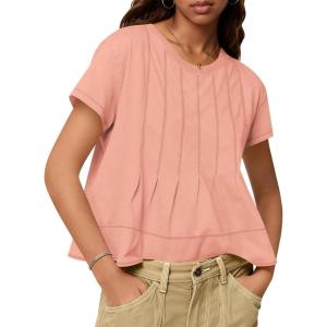 Tankaneo Womens Babydoll Tops Short Sleeve Peplum Pleated Summer T-Shirts Casual Loose Fit Flowy Tshirts 2025(Orange)