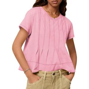 Tankaneo Womens Babydoll Tops Short Sleeve Peplum Pleated Summer T-Shirts Casual Loose Fit Flowy Tshirts 2025(Pink)