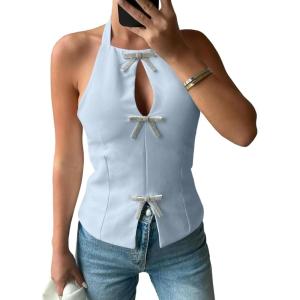 Tankaneo Womens Cute Bow Halter Tank Tops Sexy Keyhole Backless Slim Fit Crop Tops Y2k Summer Sleeveless Cami Shirts(Light Blue)