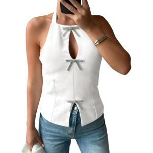 Tankaneo Womens Cute Bow Halter Tank Tops Sexy Keyhole Backless Slim Fit Crop Tops Y2k Summer Sleeveless Cami Shirts(White)