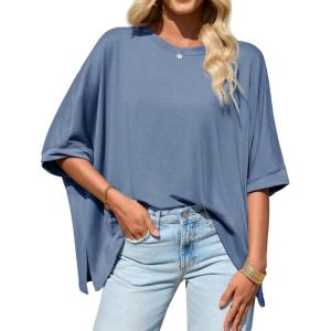 Tankaneo Womens Oversized Tshirts Batwing Short Sleeve Asymmetric Hem Tops Summer Casual Loose Fit Tunic Tee Shirts(Blue Grey)