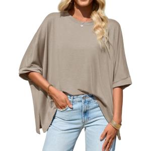Tankaneo Womens Oversized Tshirts Batwing Short Sleeve Asymmetric Hem Tops Summer Casual Loose Fit Tunic Tee Shirts(Brown)