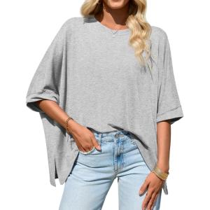 Tankaneo Womens Oversized Tshirts Batwing Short Sleeve Asymmetric Hem Tops Summer Casual Loose Fit Tunic Tee Shirts(Heather Grey)