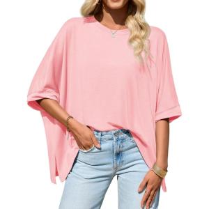 Tankaneo Womens Oversized Tshirts Batwing Short Sleeve Asymmetric Hem Tops Summer Casual Loose Fit Tunic Tee Shirts(Light Pink)