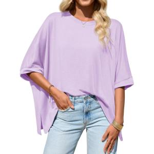 Tankaneo Womens Oversized Tshirts Batwing Short Sleeve Asymmetric Hem Tops Summer Casual Loose Fit Tunic Tee Shirts(Light Purple)