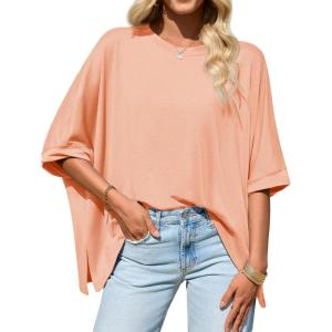 Tankaneo Womens Oversized Tshirts Batwing Short Sleeve Asymmetric Hem Tops Summer Casual Loose Fit Tunic Tee Shirts(Orange)