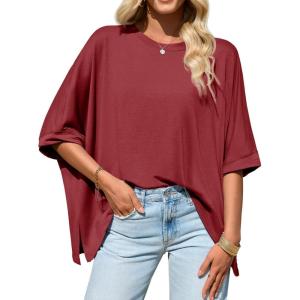 Tankaneo Womens Oversized Tshirts Batwing Short Sleeve Asymmetric Hem Tops Summer Casual Loose Fit Tunic Tee Shirts(Wine Red)