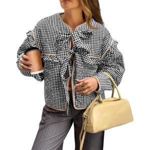 Tankaneo Womens Plaid Quilted Jackets Tie Front Lightweight Cropped Jacket Ruffled Puffer Padded Coat with Pockets(Black)