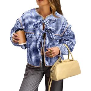 Tankaneo Womens Plaid Quilted Jackets Tie Front Lightweight Cropped Jacket Ruffled Puffer Padded Coat with Pockets(Navy Blue)