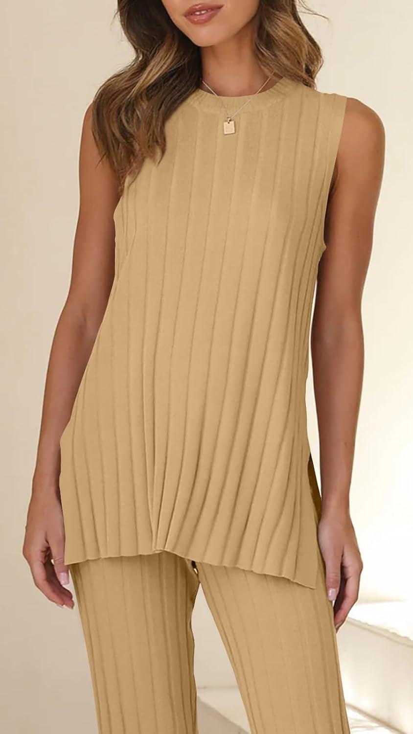 imageTankaneo Two Pieces Outfits Sleeveless Top Knit Sets Trendy Lounge Long Pajamas SetKhaki