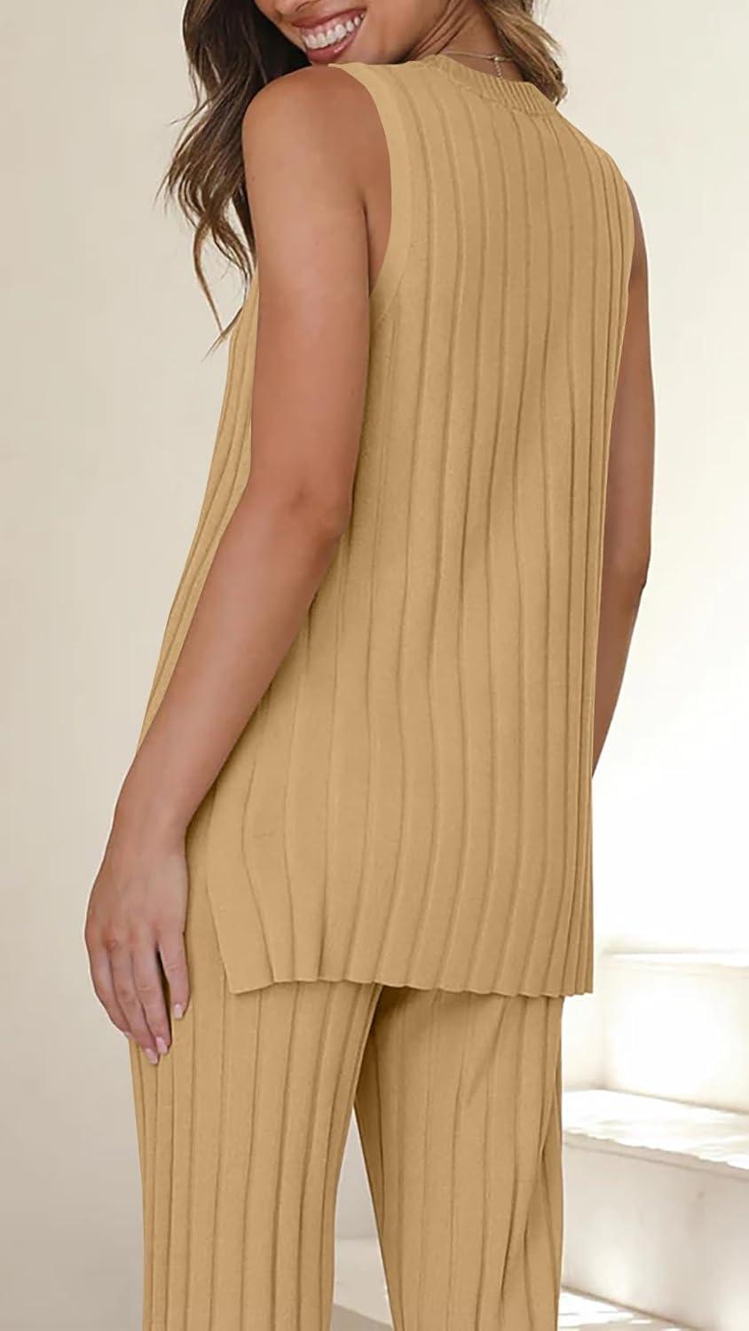 imageTankaneo Two Pieces Outfits Sleeveless Top Knit Sets Trendy Lounge Long Pajamas SetKhaki