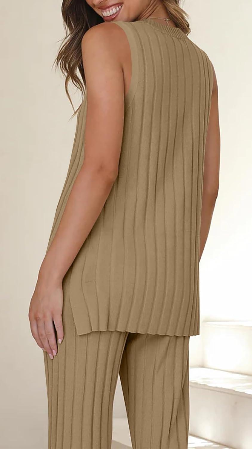 imageTankaneo Two Pieces Outfits Sleeveless Top Knit Sets Trendy Lounge Long Pajamas SetLight Brown