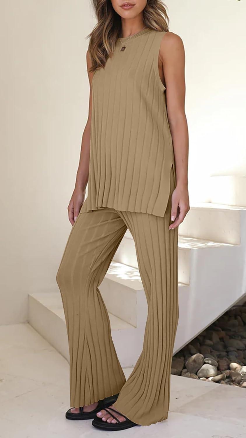 imageTankaneo Two Pieces Outfits Sleeveless Top Knit Sets Trendy Lounge Long Pajamas SetLight Brown