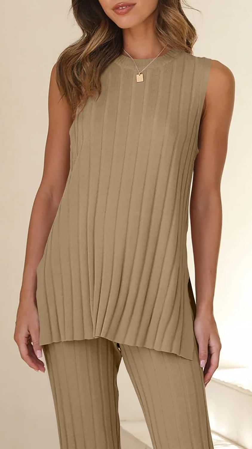 imageTankaneo Two Pieces Outfits Sleeveless Top Knit Sets Trendy Lounge Long Pajamas SetLight Brown