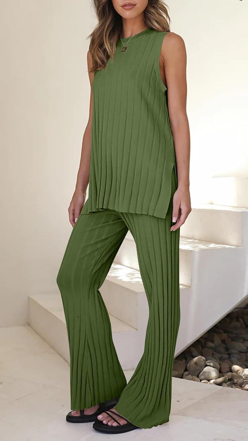 imageTankaneo Two Pieces Outfits Sleeveless Top Knit Sets Trendy Lounge Long Pajamas SetMilitary Green