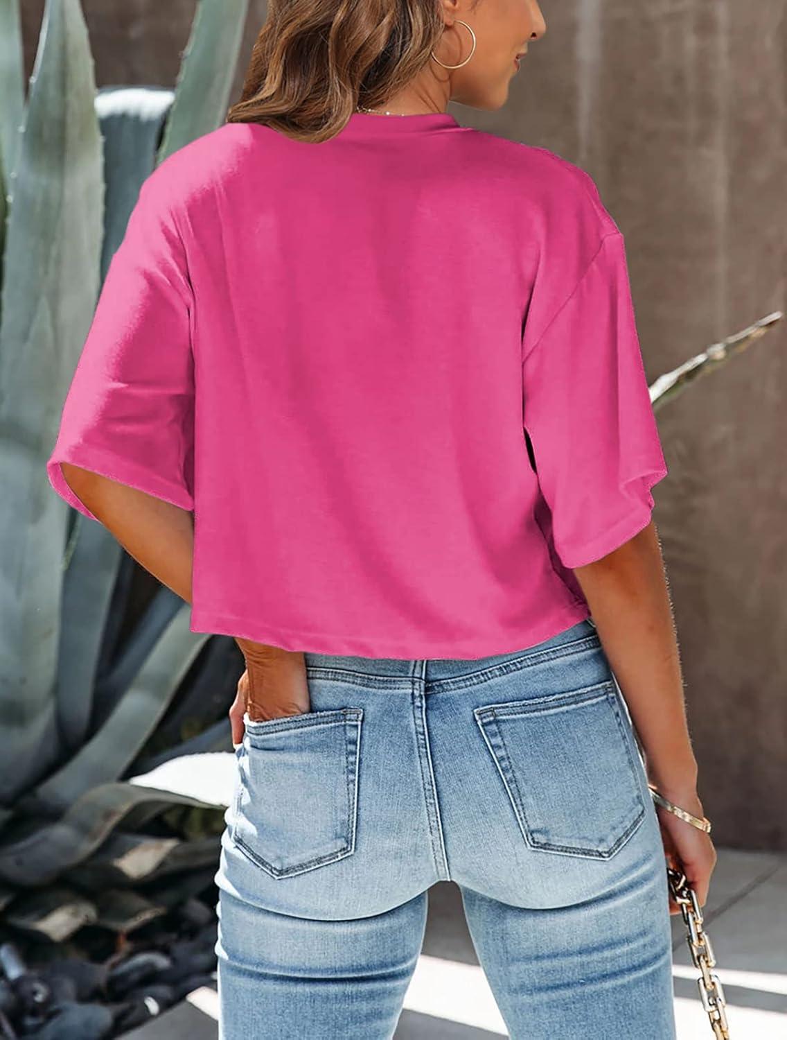 imageTankaneo Women Half Sleeve Cropped TShirts Drop Shoulder Round Neck Crop Tops Casual Summer Solid Color Basic Tees06hot Pink