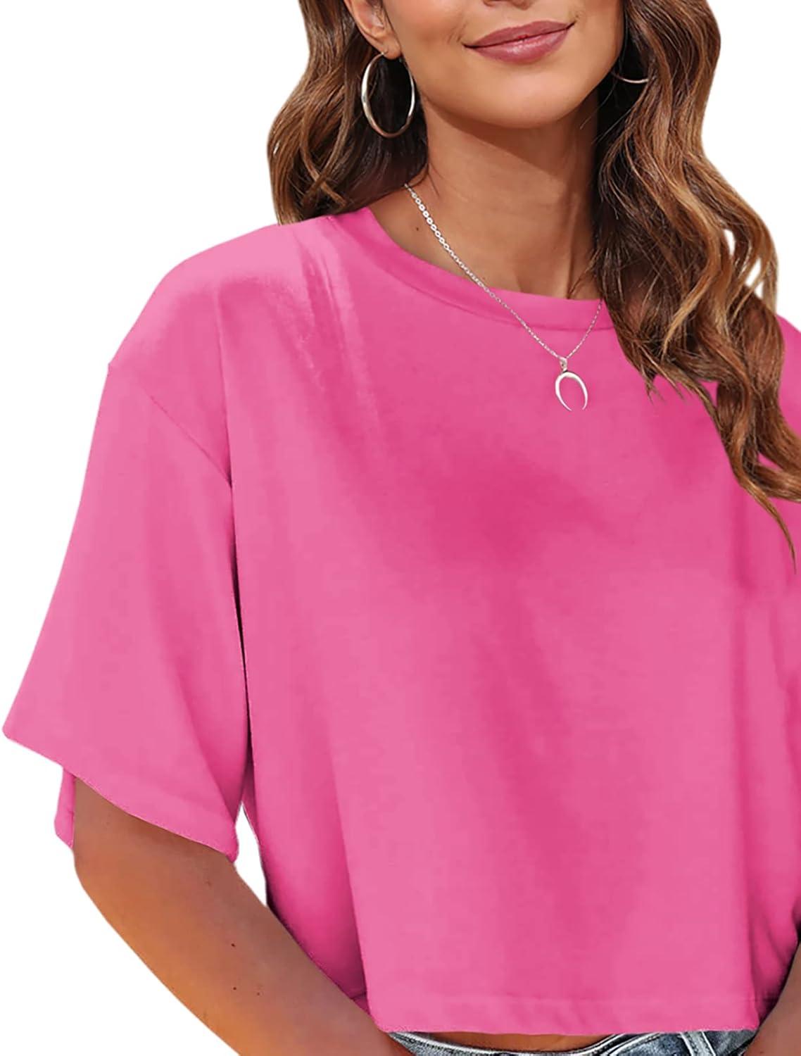 imageTankaneo Women Half Sleeve Cropped TShirts Drop Shoulder Round Neck Crop Tops Casual Summer Solid Color Basic Tees06hot Pink