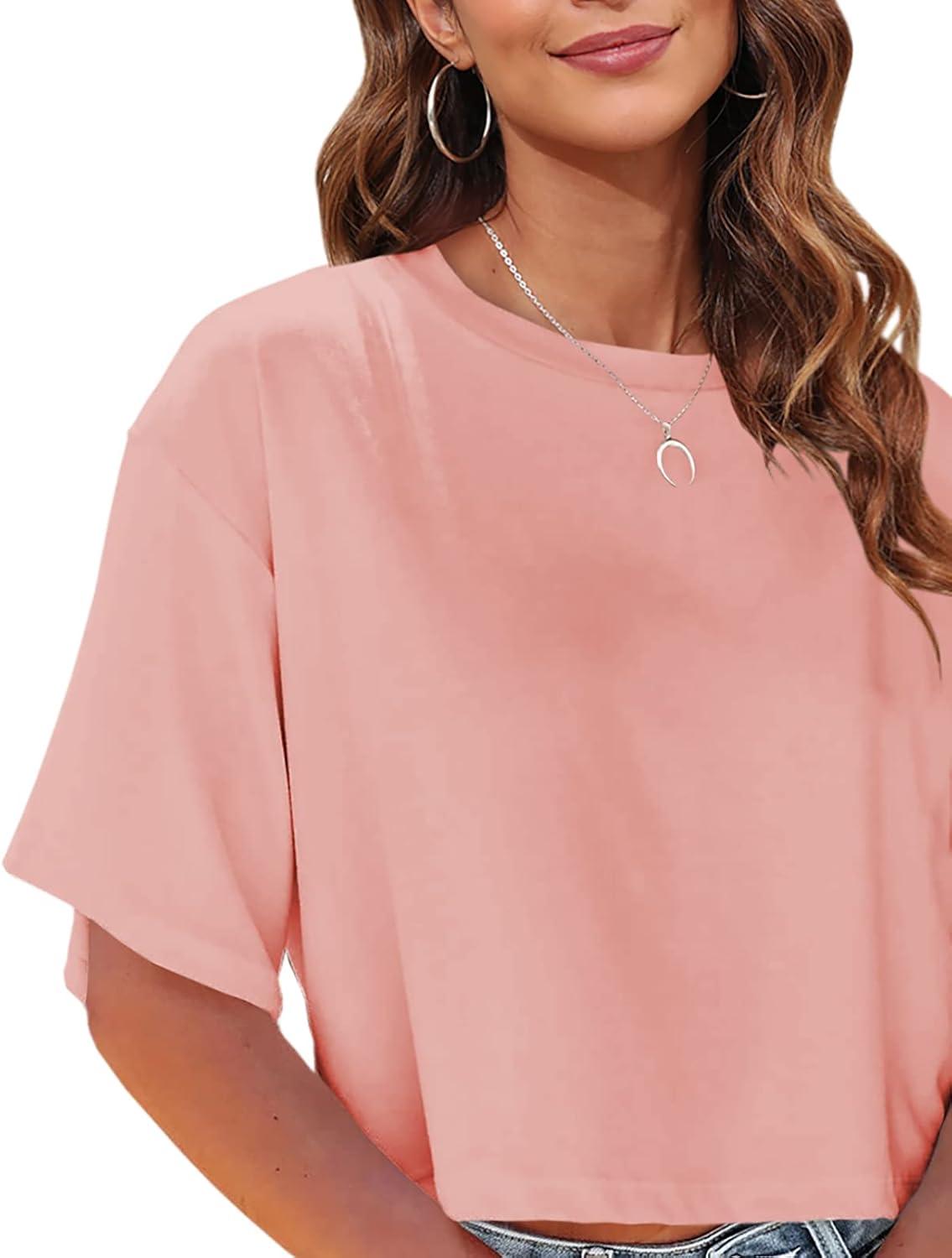 imageTankaneo Women Half Sleeve Cropped TShirts Drop Shoulder Round Neck Crop Tops Casual Summer Solid Color Basic Tees07dark Pink