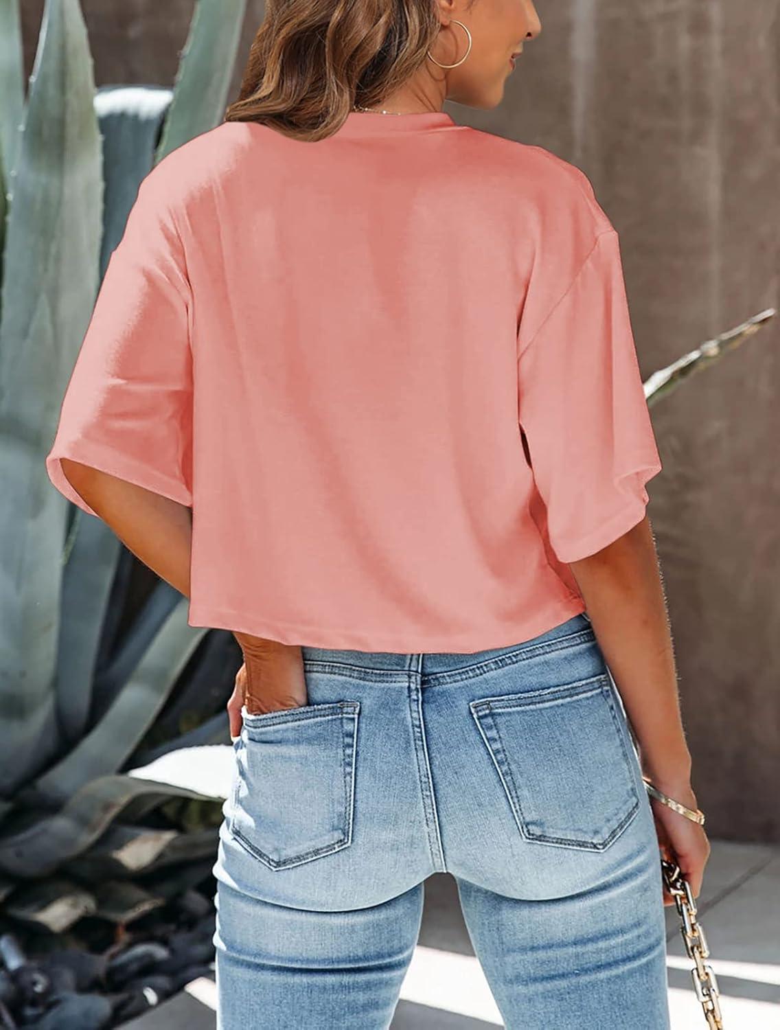 imageTankaneo Women Half Sleeve Cropped TShirts Drop Shoulder Round Neck Crop Tops Casual Summer Solid Color Basic Tees07dark Pink