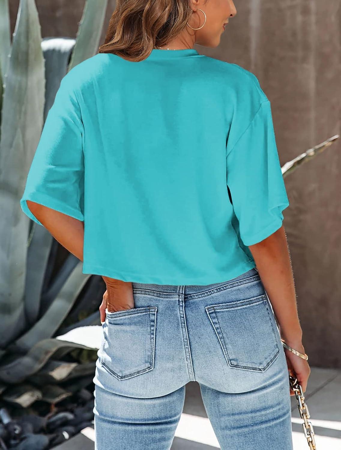 imageTankaneo Women Half Sleeve Cropped TShirts Drop Shoulder Round Neck Crop Tops Casual Summer Solid Color Basic Tees07lake Blue