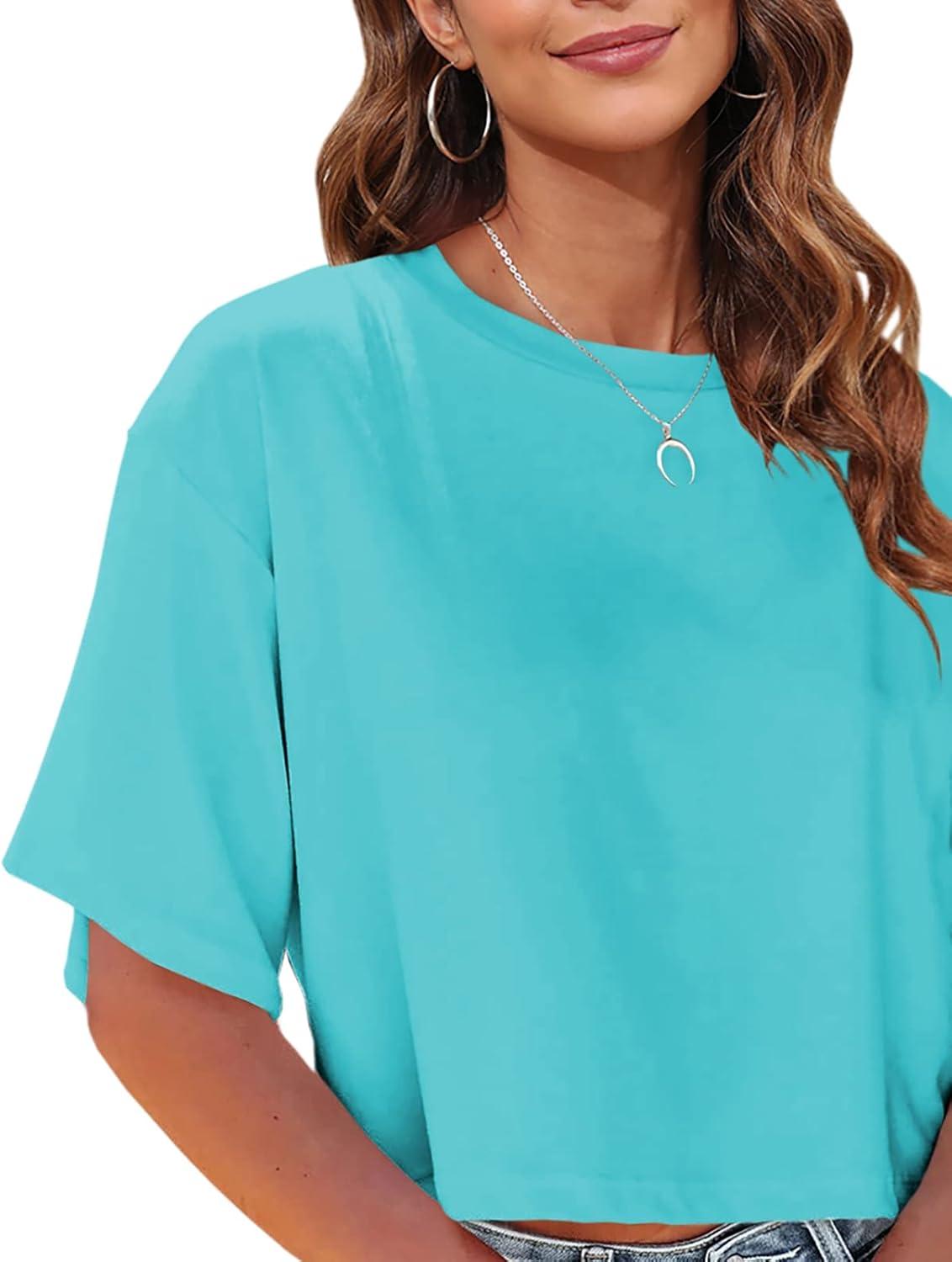 imageTankaneo Women Half Sleeve Cropped TShirts Drop Shoulder Round Neck Crop Tops Casual Summer Solid Color Basic Tees07lake Blue