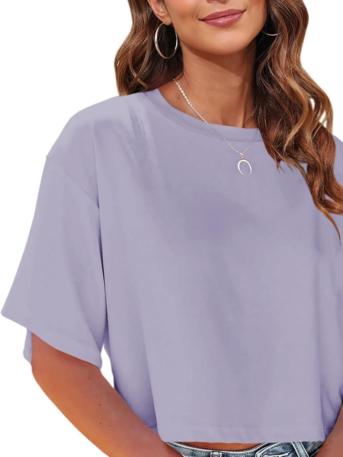 imageTankaneo Women Half Sleeve Cropped TShirts Drop Shoulder Round Neck Crop Tops Casual Summer Solid Color Basic Tees07light Purple