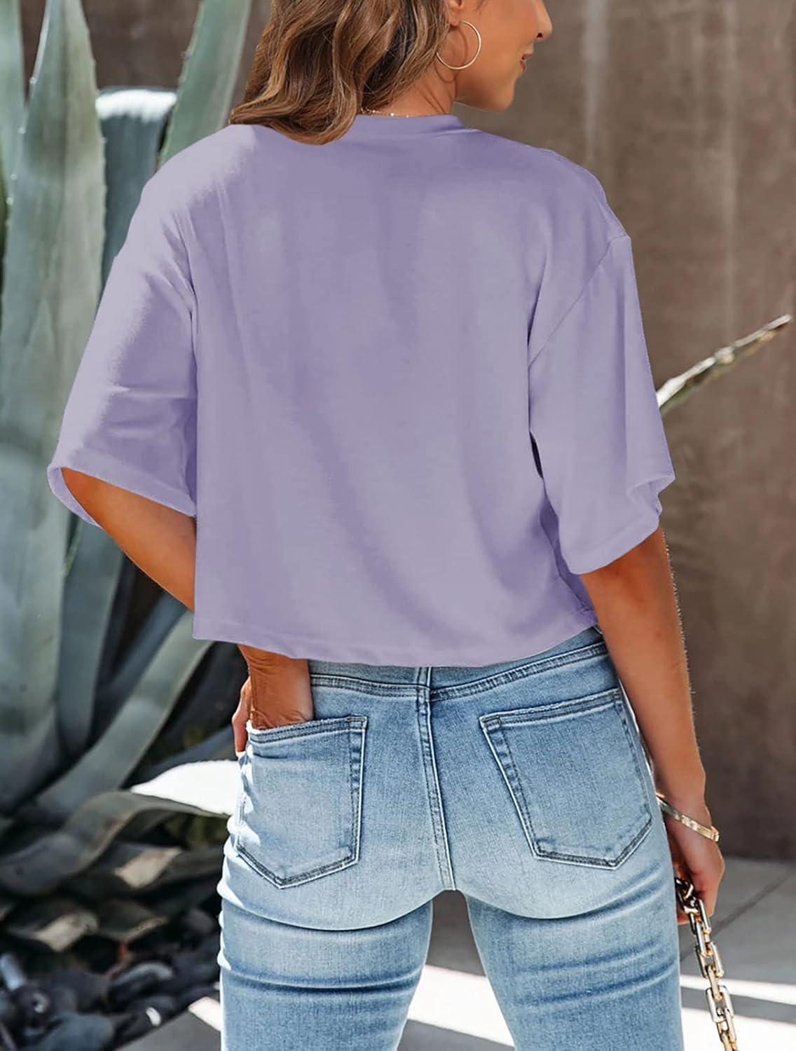 imageTankaneo Women Half Sleeve Cropped TShirts Drop Shoulder Round Neck Crop Tops Casual Summer Solid Color Basic Tees07light Purple
