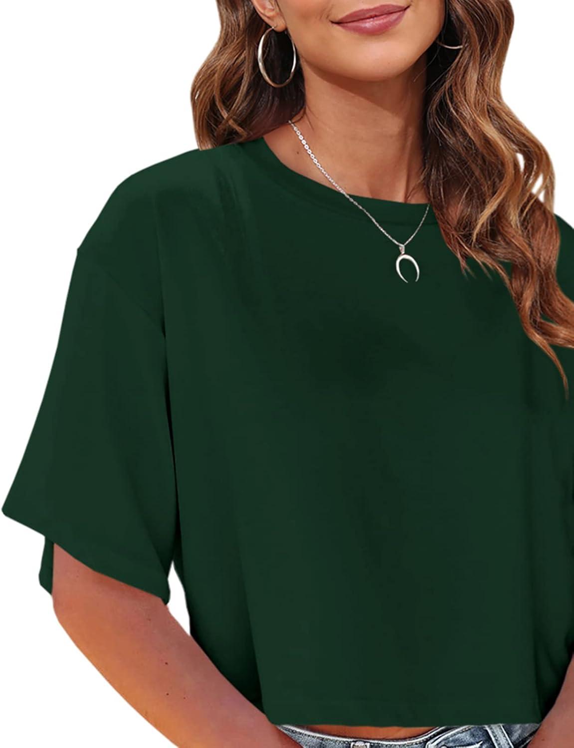 imageTankaneo Women Half Sleeve Cropped TShirts Drop Shoulder Round Neck Crop Tops Casual Summer Solid Color Basic Tees08dark Green
