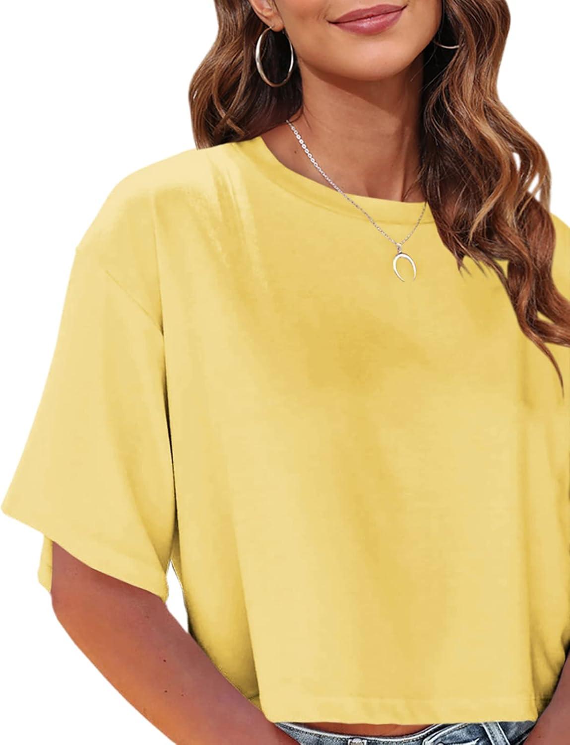 imageTankaneo Women Half Sleeve Cropped TShirts Drop Shoulder Round Neck Crop Tops Casual Summer Solid Color Basic Tees12yellow