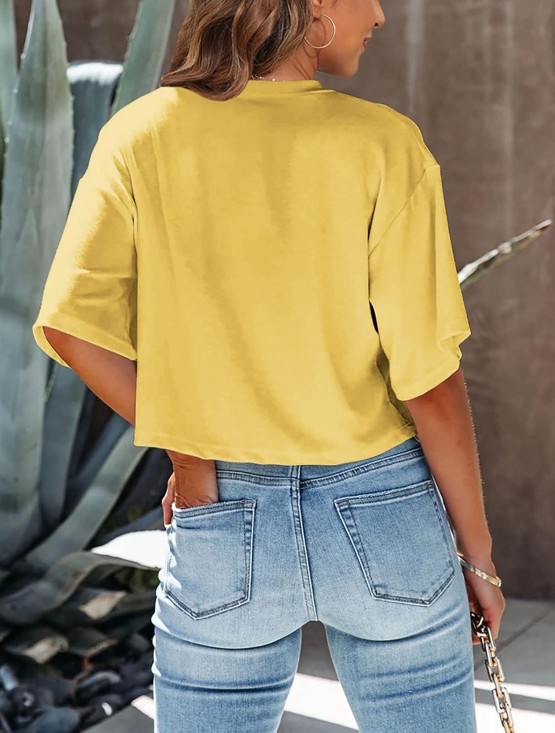 imageTankaneo Women Half Sleeve Cropped TShirts Drop Shoulder Round Neck Crop Tops Casual Summer Solid Color Basic Tees12yellow
