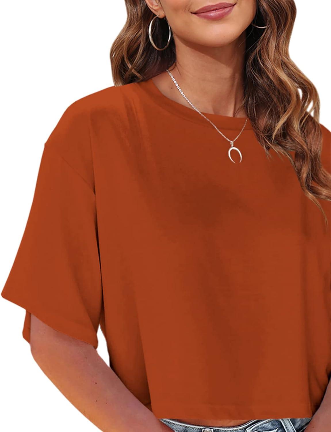 imageTankaneo Women Half Sleeve Cropped TShirts Drop Shoulder Round Neck Crop Tops Casual Summer Solid Color Basic Tees14orange