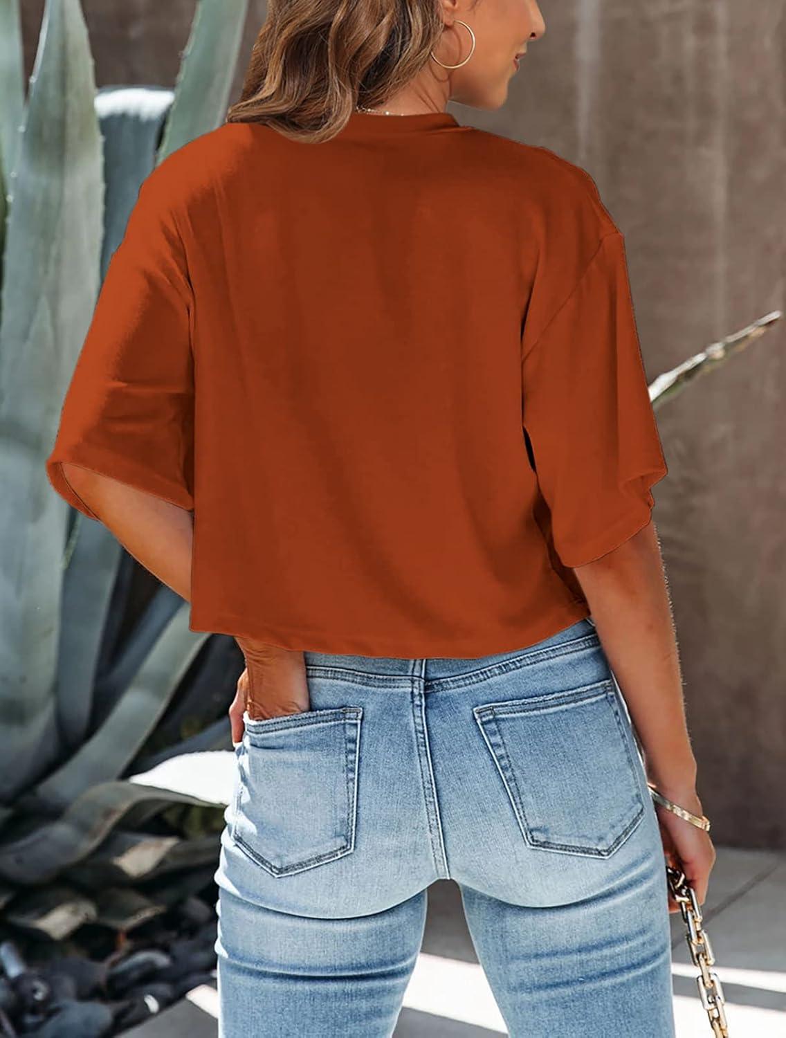 imageTankaneo Women Half Sleeve Cropped TShirts Drop Shoulder Round Neck Crop Tops Casual Summer Solid Color Basic Tees14orange